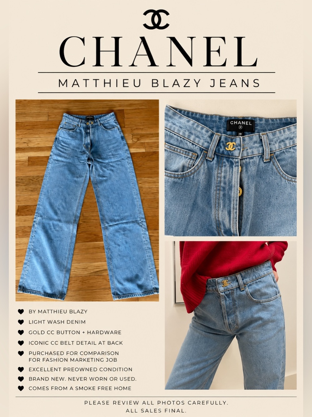 CHANEL Light Blue Bootcut Jeans with Gold CC Hardware